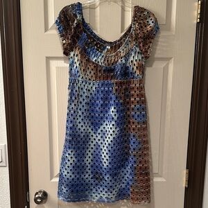 Muse Dress Size 6 Blue Brown Mesh Overlay Sheer Dot Cap Sleeve Mini Y2K